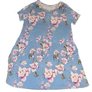 Blue Floral Short Sleeve Pocket Jersey Stretch A-line Swing Dress Ladies Large